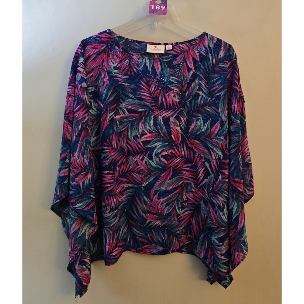 Quacker Factory Womens Palm Printed Caftan Top Colorful Tropical Womens Size S
